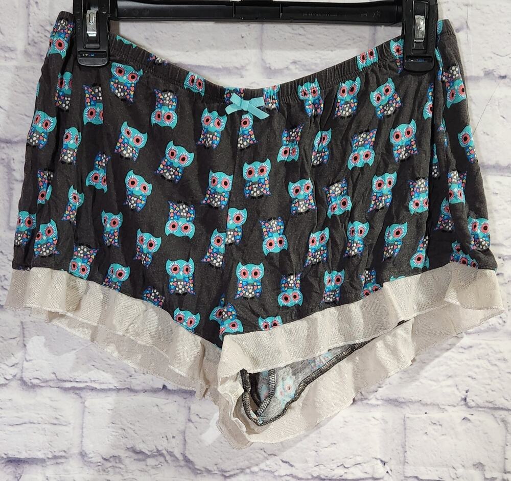 Kensie Black Blue Owl Print Lace Trim Hem Pull On Sleep Shorts Medium Soft